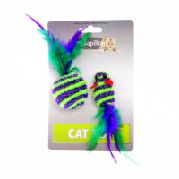 Papillon игрушка для кошек "мышка и мячик с перьями" пушистые в полоску (cat toy mouse 5 cm and ball 4 cm with feather on card)