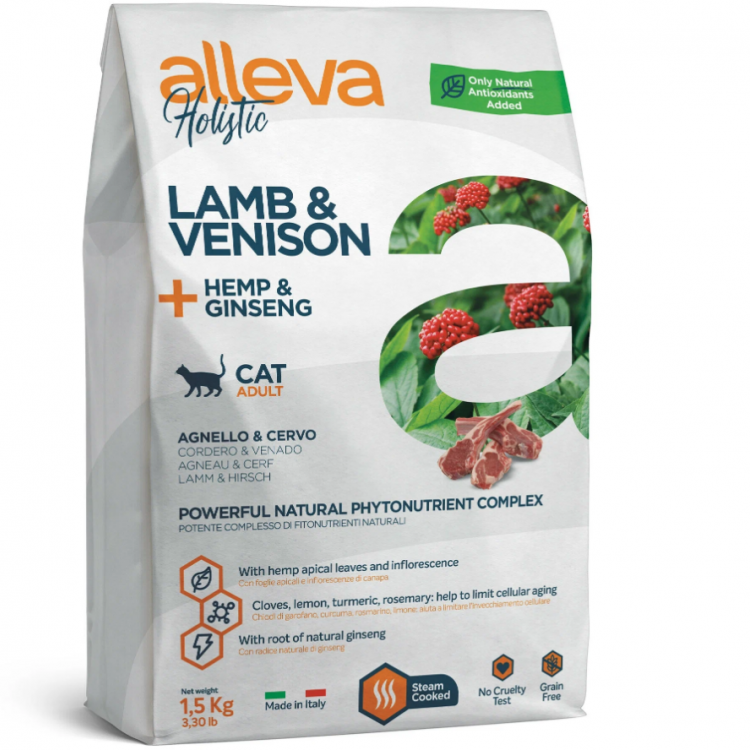Alleva (Алева) корм для взрослых кошек холистик с ягненком и олениной, коноплей и женьшенем