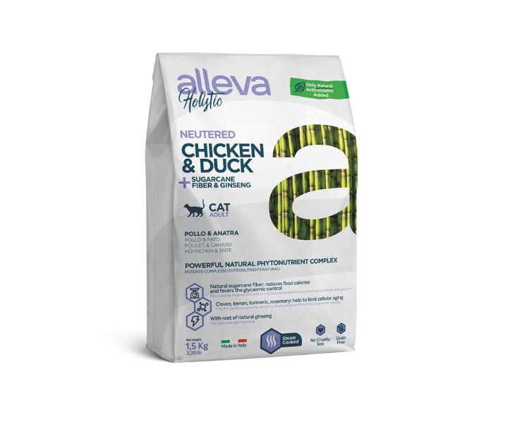 Alleva (Алева) корм для кастрированных котов и стерилизованных кошек холистик с курицей и уткой, волокнами сахарного тростника и женьшенем