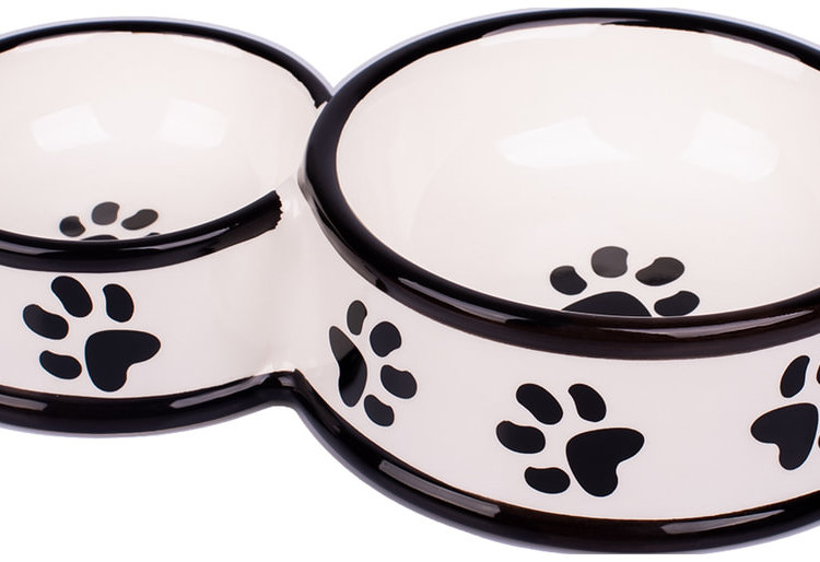 КерамикАрт миска для собак двойная 100 мл и 220 мл, белая с лапками