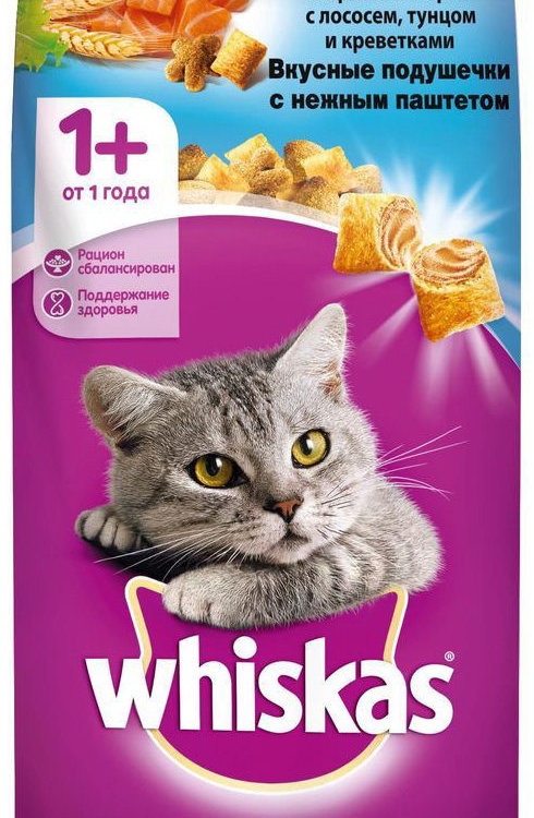 Whiskas (Вискас) сухой корм для кошек паштет из лосося, тунца и креветок, подушечки