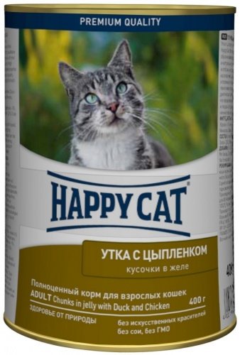 Happy cat (Хэппи кэт) кусочки в желе для кошек с уткой и курицей, банка
