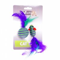 Papillon игрушка для кошек "мышка и мячик с перьями", вязанные (cat toy mouse 5 cm and ball 4 cm with feather on card)