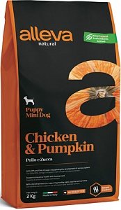 Alleva (Алева) natural puppy chicken & pumpkin mini Низкозерновой полнорационный корм для щенков мелких пород. Курица и тыква