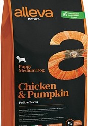 Alleva (Алева) natural puppy chicken & pumpkin medium Низкозерновой полнорационный корм для щенков средних пород. Курица и тыква