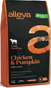 Alleva (Алева) natural adult chicken & pumpkin maxi Низкозерновой полнорационный корм для взрослых собак крупных пород. Курица и тыква