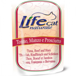 Lifecat (Лайфкет) tuna, beef and ham - консервы для кошек тунец с говядиной и ветчиной в желе ПАУЧ