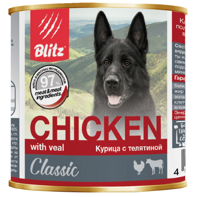 Blitz (Блиц) Курица с телятиной, корм консерв.полнорац. для собак всех пород и возрастов