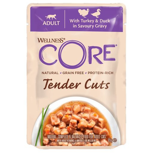 Wellness Core TENDER CUTS паучи из индейки с уткой в виде нарезки в соусе для кошек