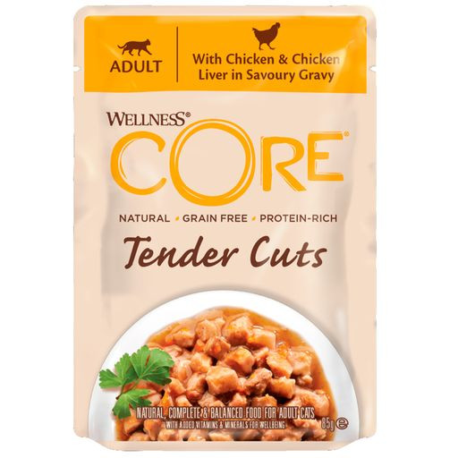 Wellness Core TENDER CUTS паучи из курицы с куриной печенью в виде нарезки в соусе для кошек