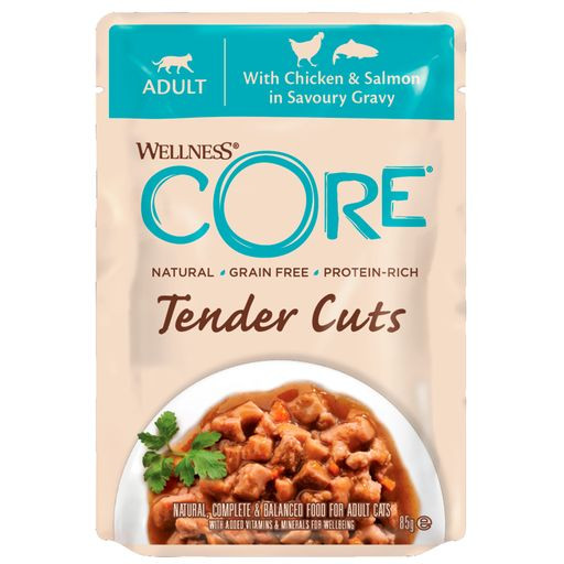 Wellness Core TENDER CUTS паучи из курицы с лососем в виде нарезки в соусе для кошек