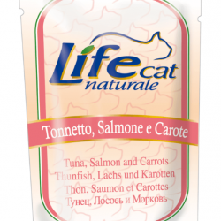 Lifecat (Лайфкет) tuna, salmon and carrots - консервы для кошек с тунцом лососем и морковью в желе ПАУЧ