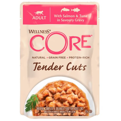 Wellness Core TENDER CUTS паучи из лосося с тунцом в виде нарезки в соусе для кошек